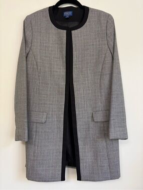 Pendleton Black Glen Plaid Longline Open Front Jacket Coat Black Trim Sz 12P